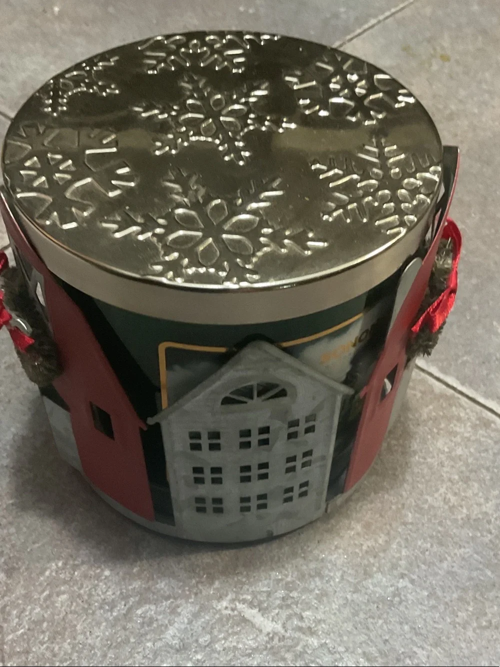 Sonoma Red Barn Holiday Tin with Gold Embossed Lid